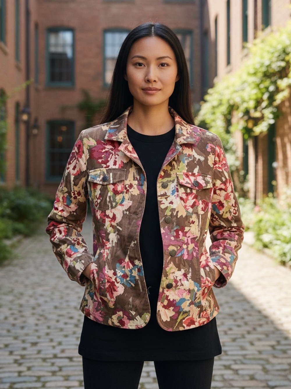 Christopher & Banks Brown Floral Jean Jacket with Pink Accents